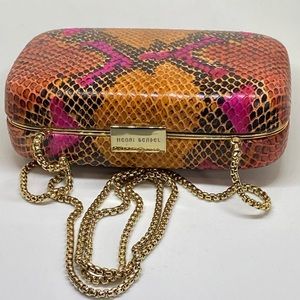 Henri Bendel Snakeskin Print Hardshell Box Leather Clutch